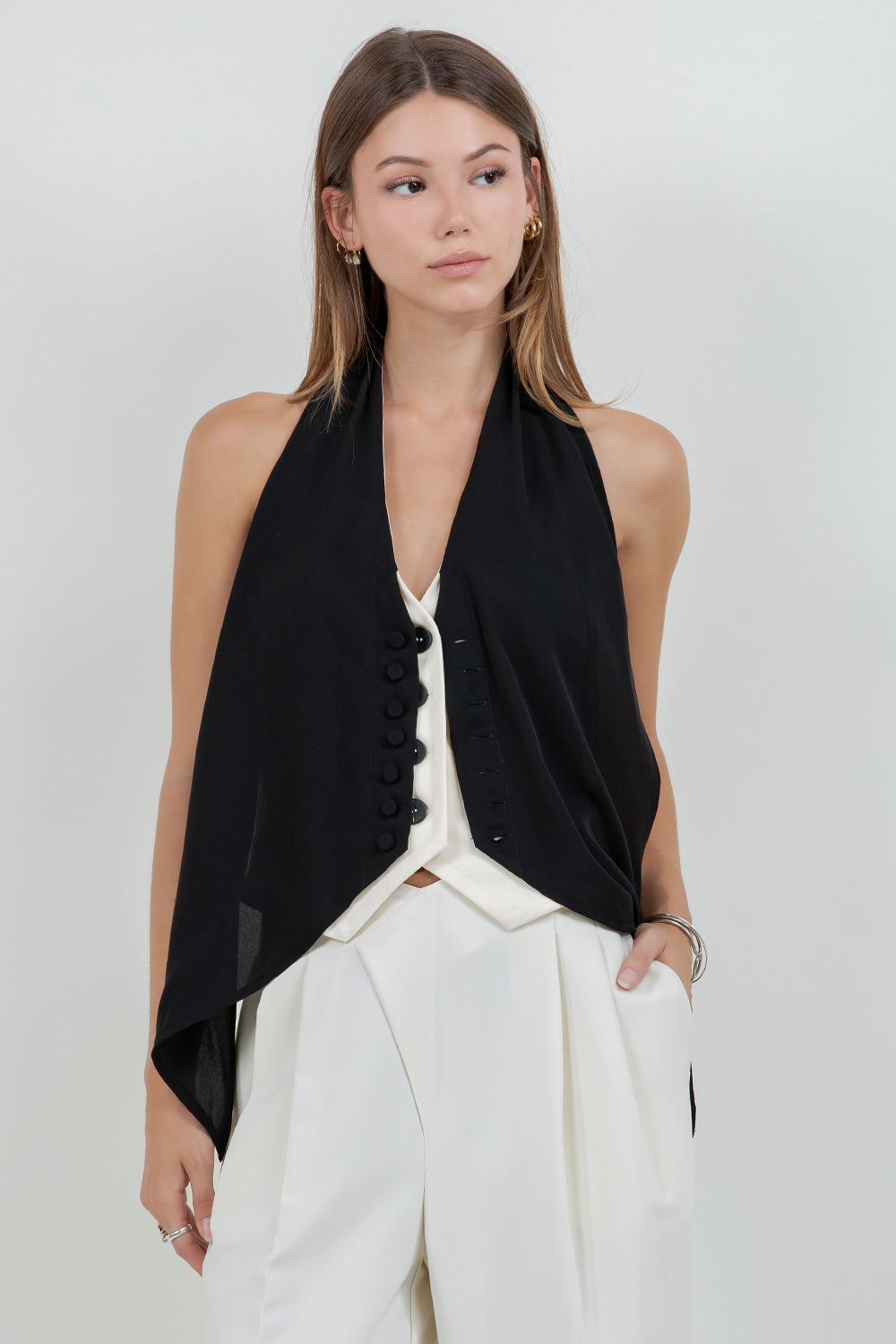 LACE + CONTRAST SATIN TANK TOP WITH TIE BACK - EGGSHELL/BLACK - Whiteroom+Cactus
