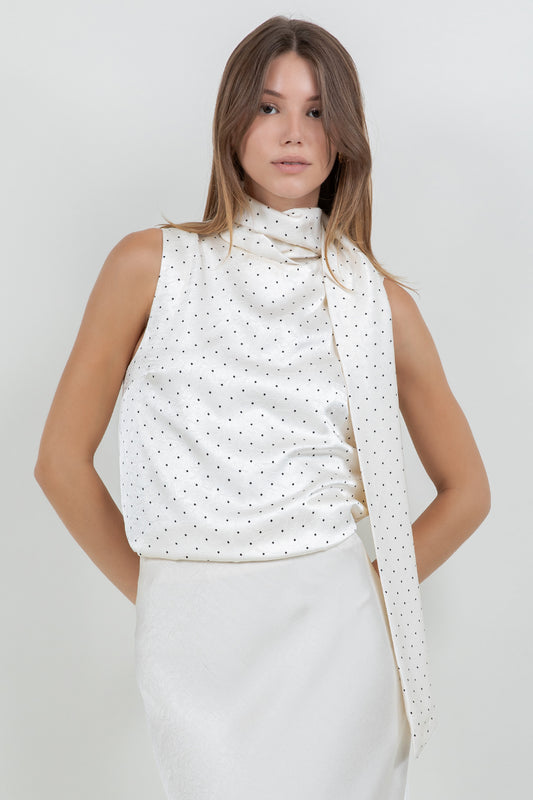 SCARF ATTACHED CRINKLE SATIN SLEEVELESS POLKA DOT BLOUSE - Whiteroom+Cactus