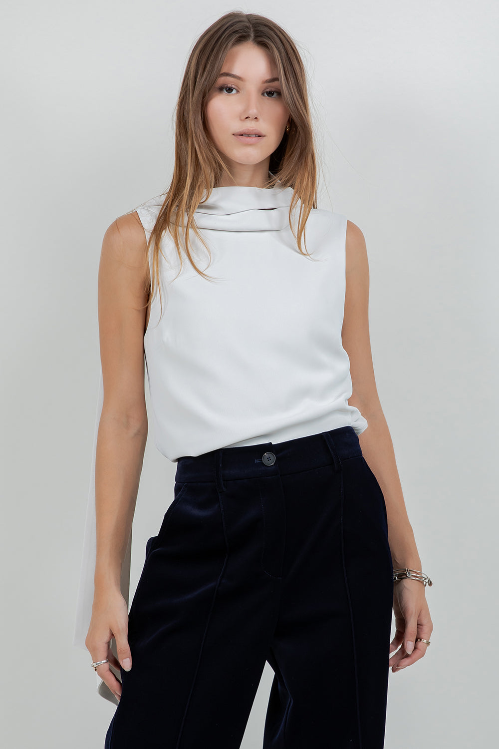 SCARF ATTACHED SOFT WOVEN SLEEVELESS BLOUSE - STONE