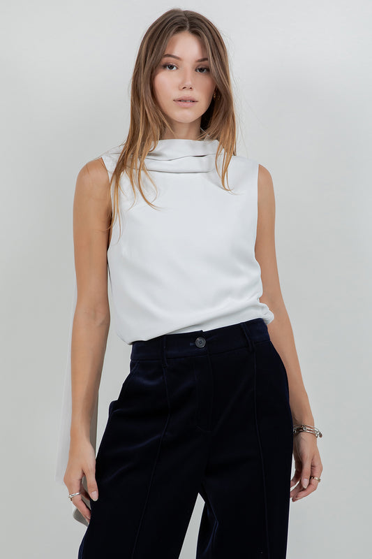 SCARF ATTACHED SOFT WOVEN SLEEVELESS BLOUSE - STONE - Whiteroom+Cactus