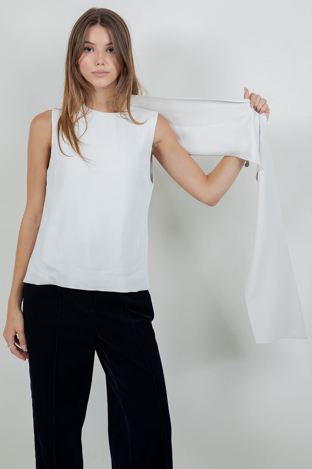 SCARF ATTACHED SOFT WOVEN SLEEVELESS BLOUSE - STONE