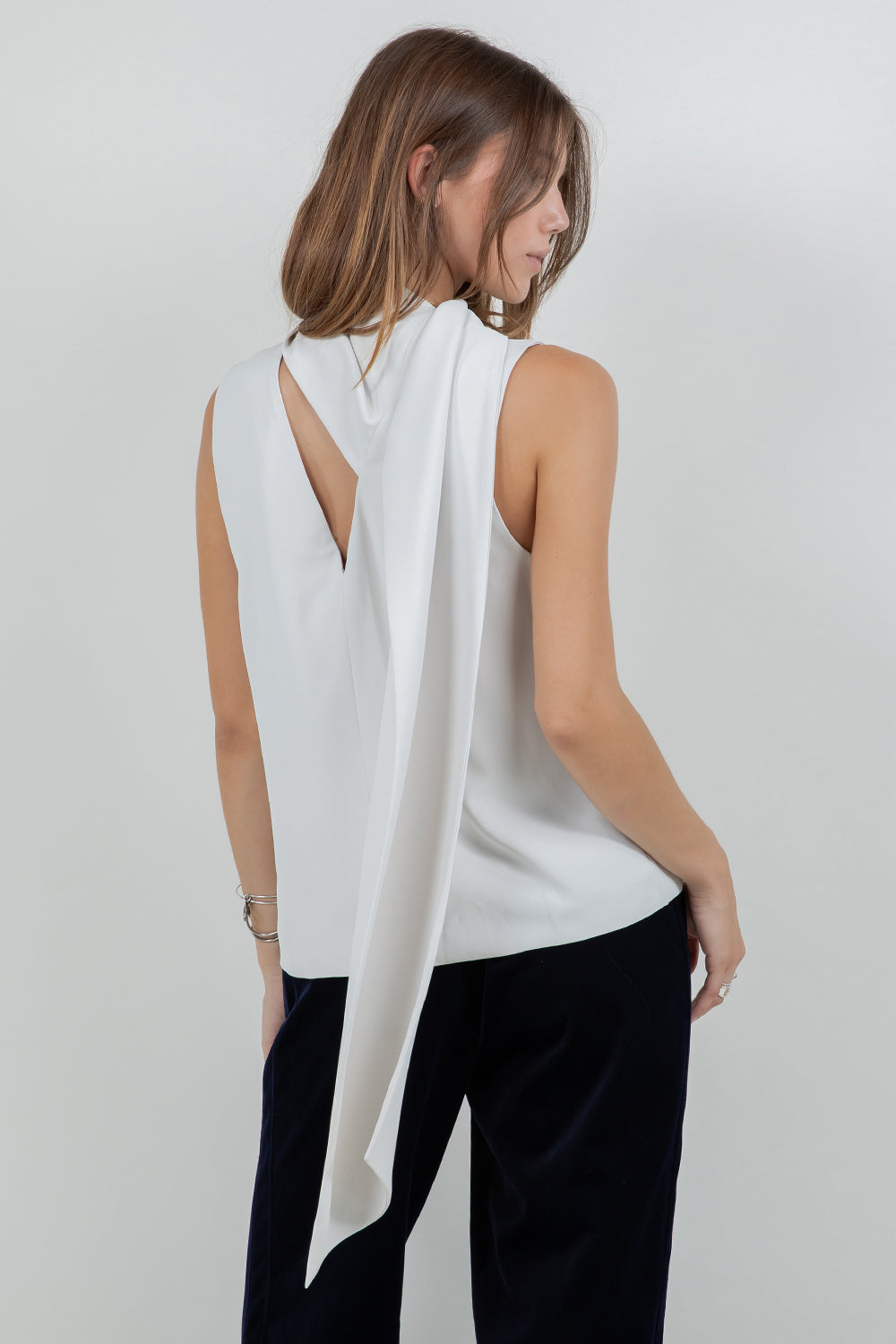 SCARF ATTACHED SOFT WOVEN SLEEVELESS BLOUSE - STONE