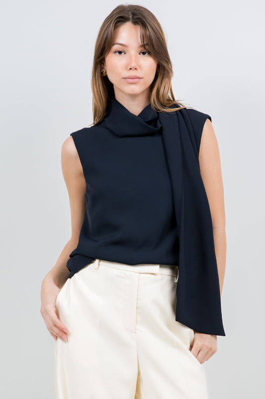 SCARF ATTACHED SOFT WOVEN SLEEVELESS BLOUSE - NAVY
