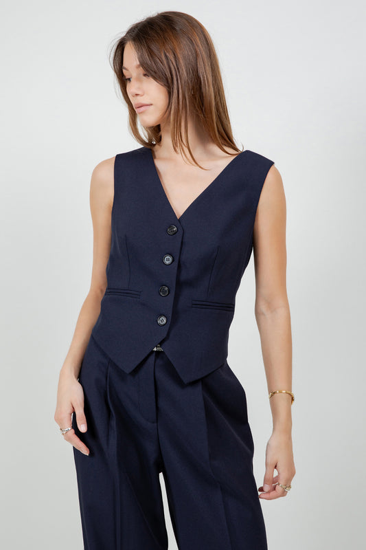 WOVEN VEST WITH CONTRAST CROCHET BACK - NAVY/WHITE