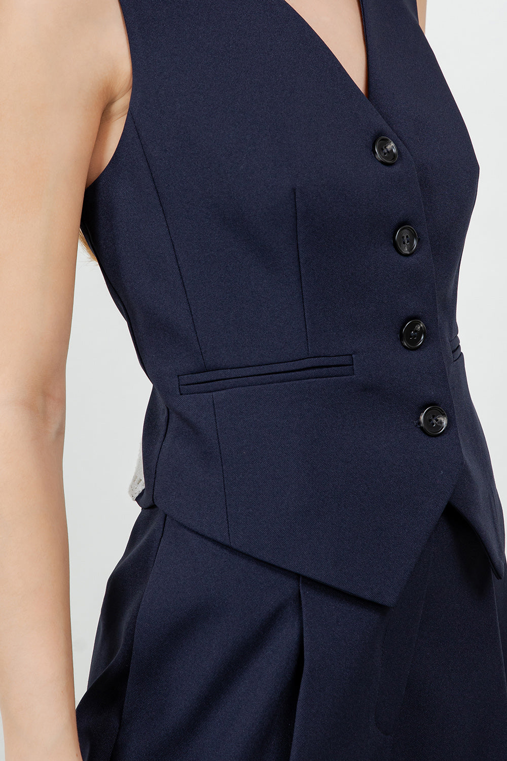 WOVEN VEST WITH CONTRAST CROCHET BACK - NAVY/WHITE