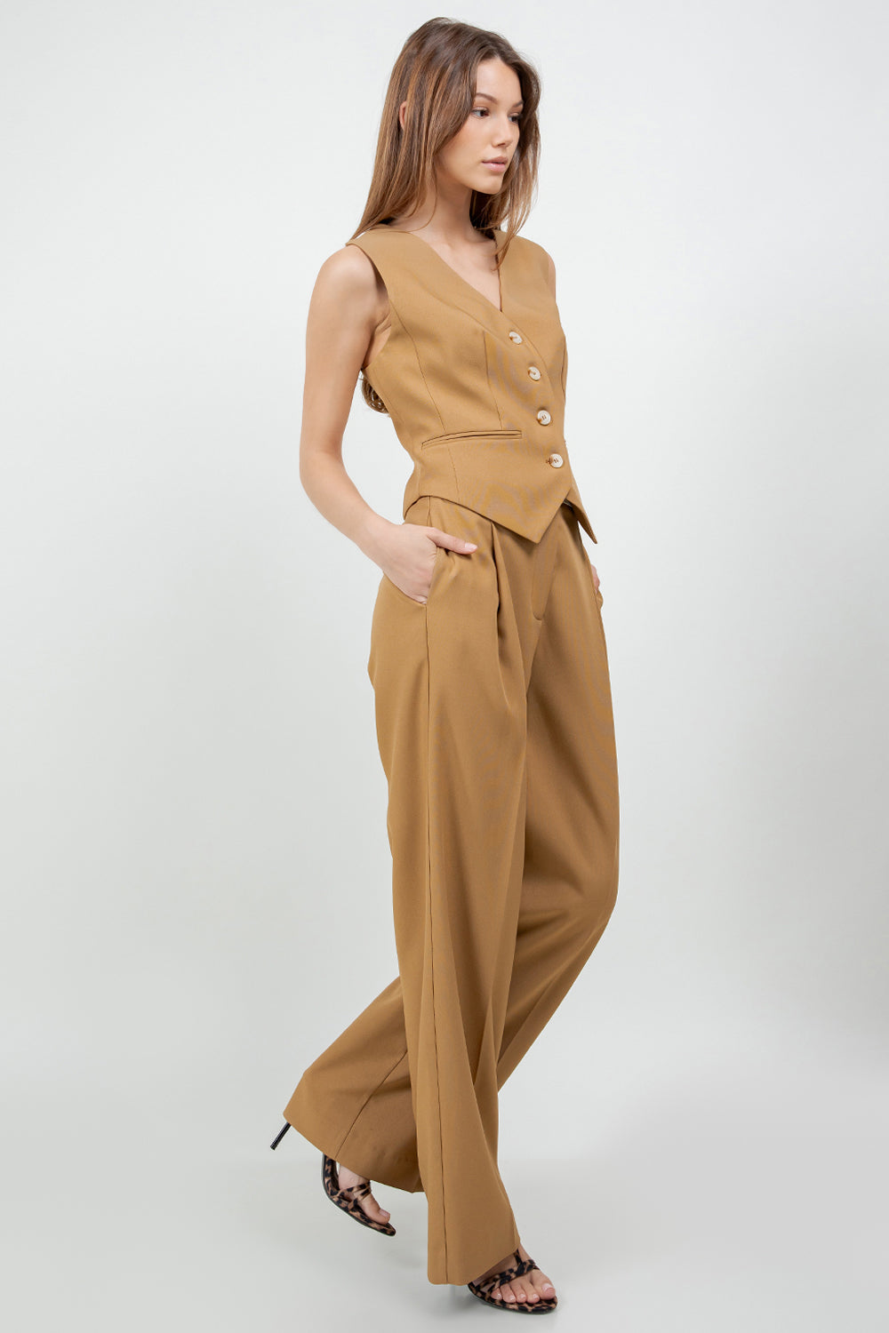 CONTRAST LACE WAISTBAND WOVEN TROUSERS - TAN/WHITE