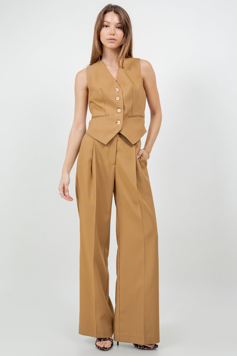 WOVEN VEST WITH CONTRAST CROCHET BACK - TAN/WHITE