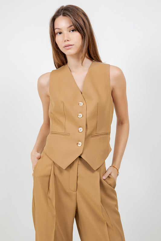 WOVEN VEST WITH CONTRAST CROCHET BACK - TAN/WHITE