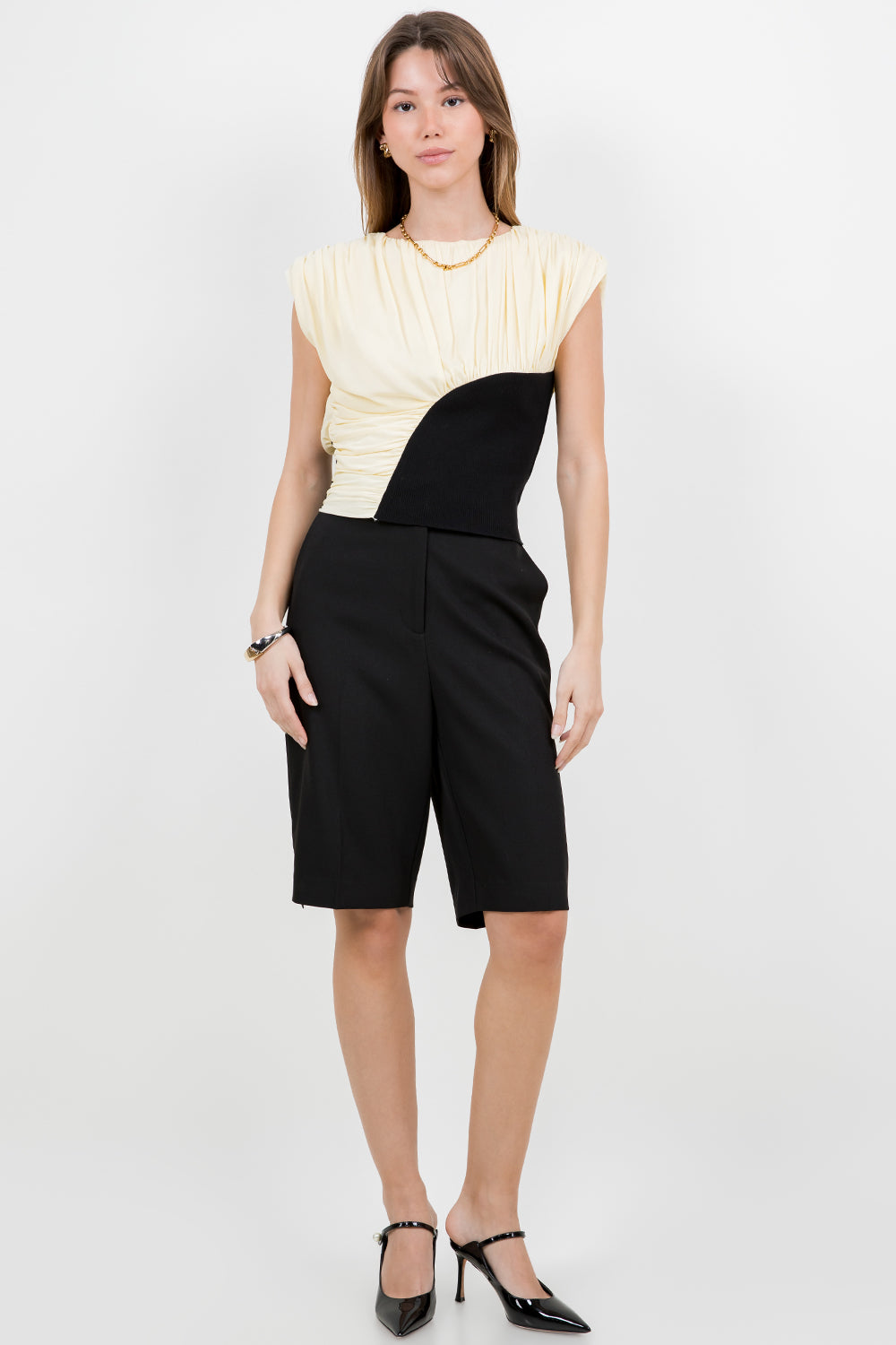POWER MESH + KNITTED COMBO TOP W SHOULDER PADS - LEMON/BLACK