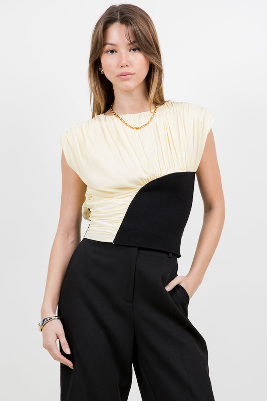 POWER MESH + KNITTED COMBO TOP W SHOULDER PADS - LEMON/BLACK