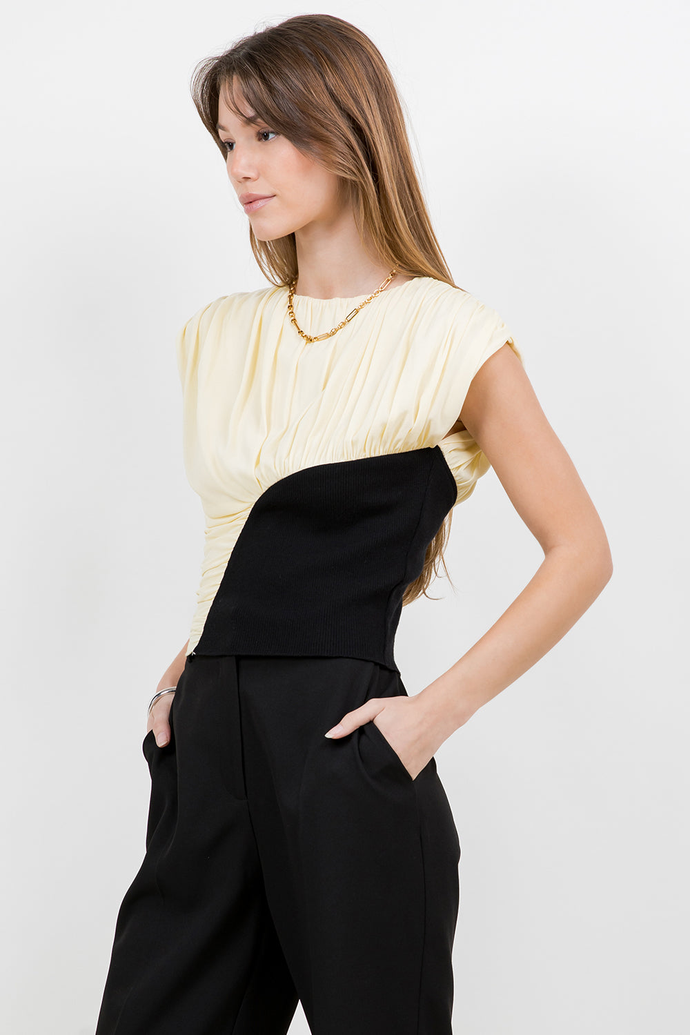 POWER MESH + KNITTED COMBO TOP W SHOULDER PADS - LEMON/BLACK