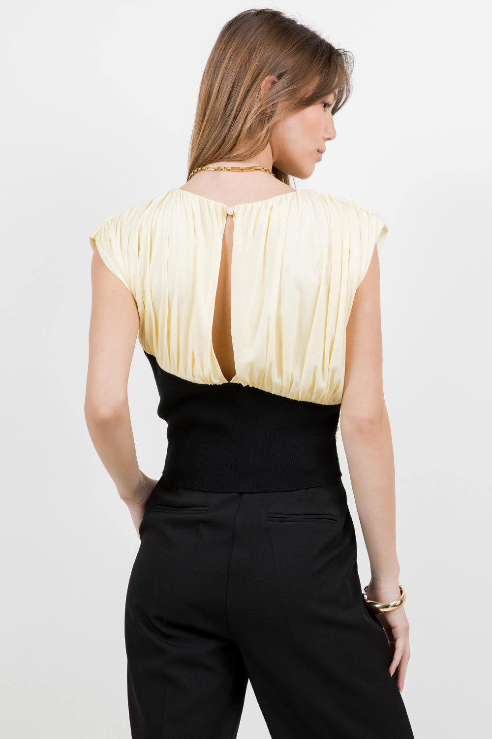 POWER MESH + KNITTED COMBO TOP W SHOULDER PADS - LEMON/BLACK
