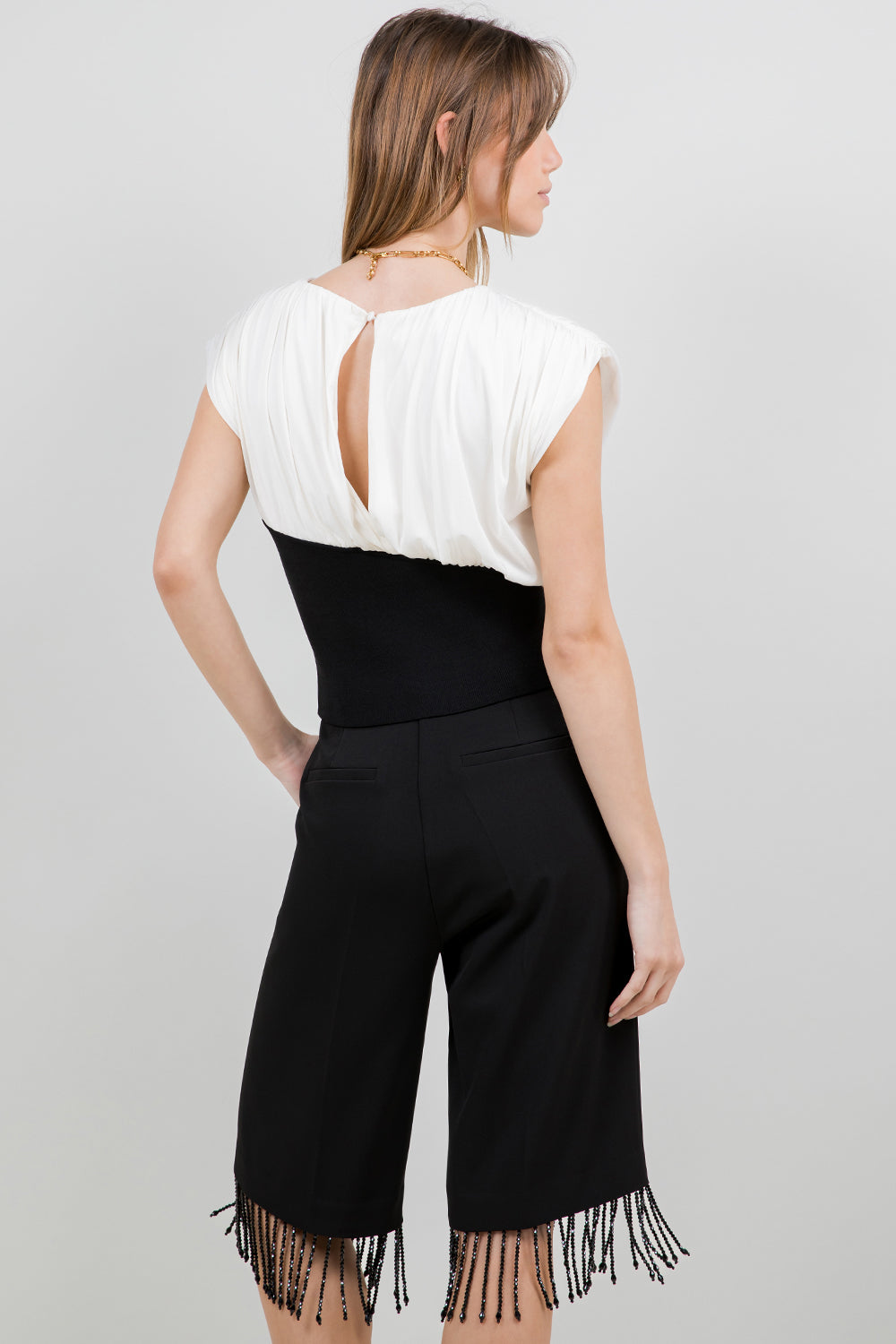POWER MESH + KNITTED COMBO TOP W SHOULDER PADS - WHITE/BLACK