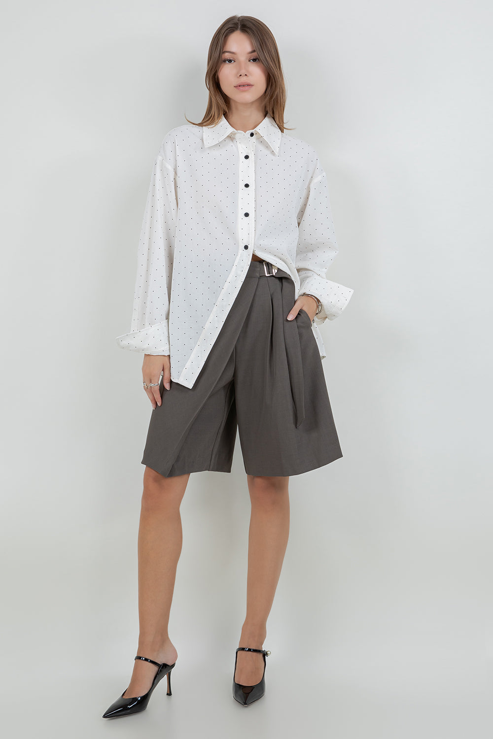ASYMMETRICAL CLOSURE POLKA DOT OVERSIZED SHIRT - Whiteroom+Cactus