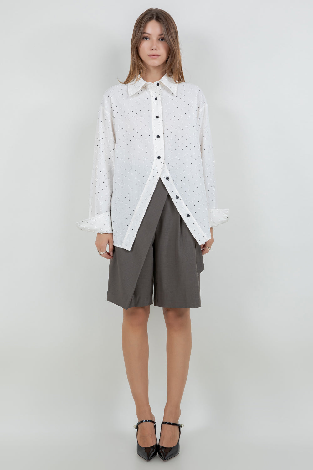 ASYMMETRICAL CLOSURE POLKA DOT OVERSIZED SHIRT - Whiteroom+Cactus