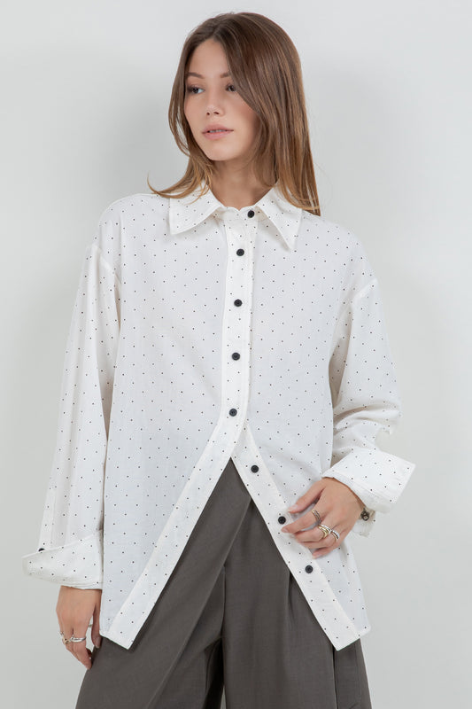 ASYMMETRICAL CLOSURE POLKA DOT OVERSIZED SHIRT - Whiteroom+Cactus