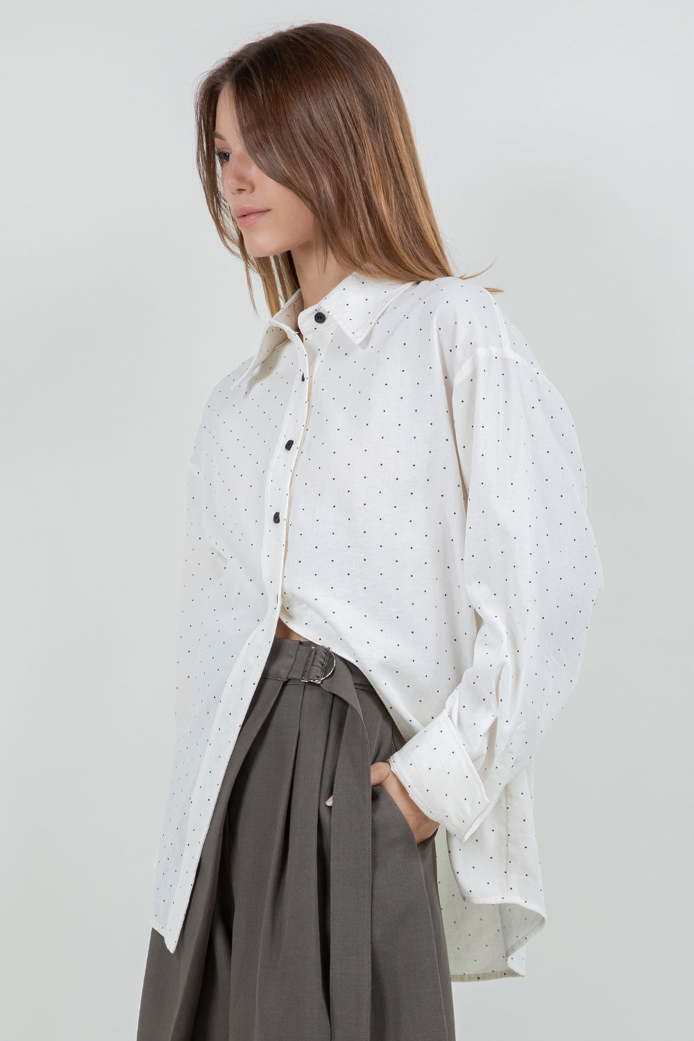ASYMMETRICAL CLOSURE POLKA DOT OVERSIZED SHIRT - Whiteroom+Cactus