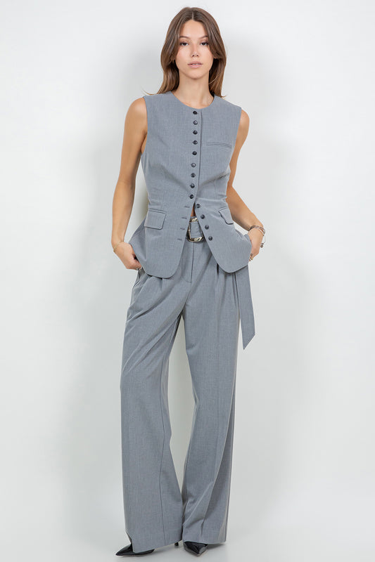 STRAIGHT LEG WOVEN TROUSERS WITH SELF BELT - GREY