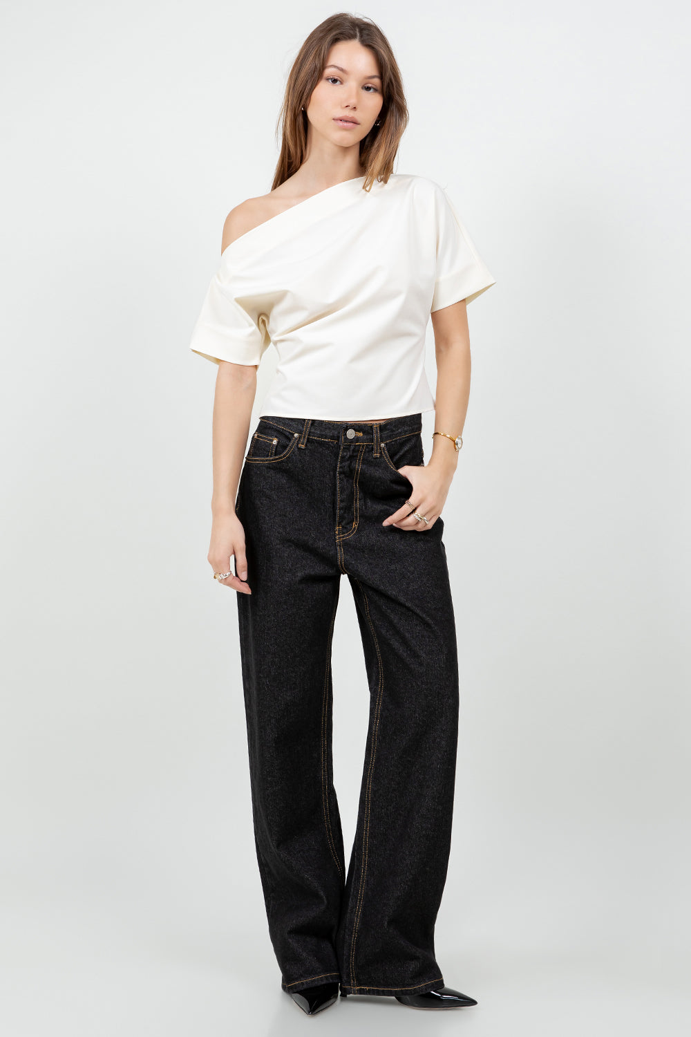 ASYMMETRICAL WIDE NECK SOFT WOVEN BLOUSE - IVORY