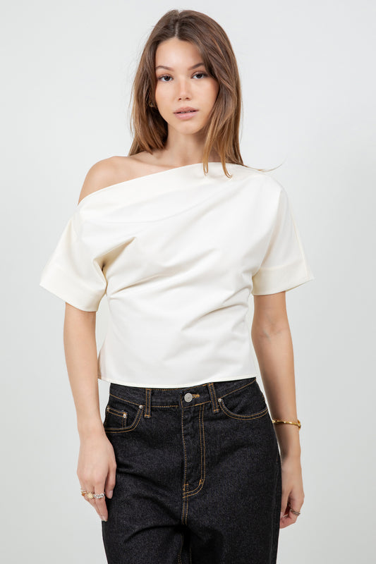 ASYMMETRICAL WIDE NECK SOFT WOVEN BLOUSE - IVORY