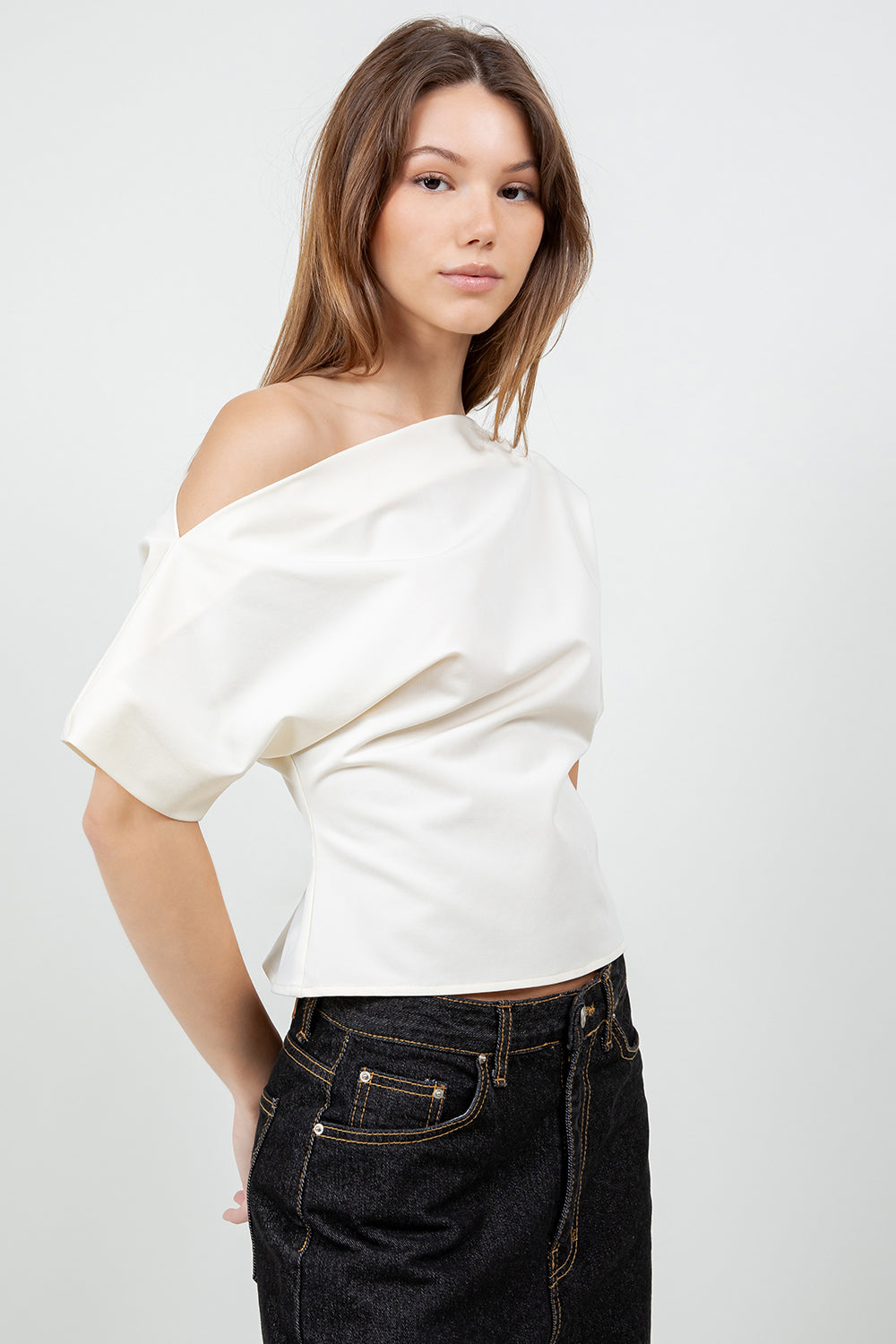 ASYMMETRICAL WIDE NECK SOFT WOVEN BLOUSE - IVORY