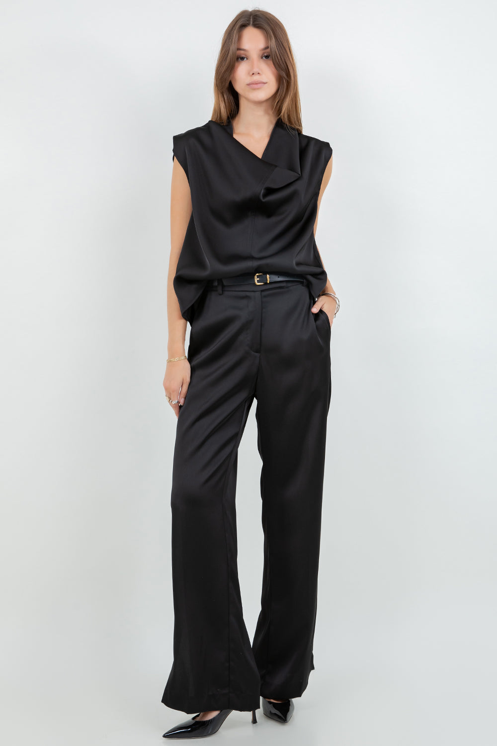 SOFT SATIN STRAIGHT LEG TROUSERS - BLACK