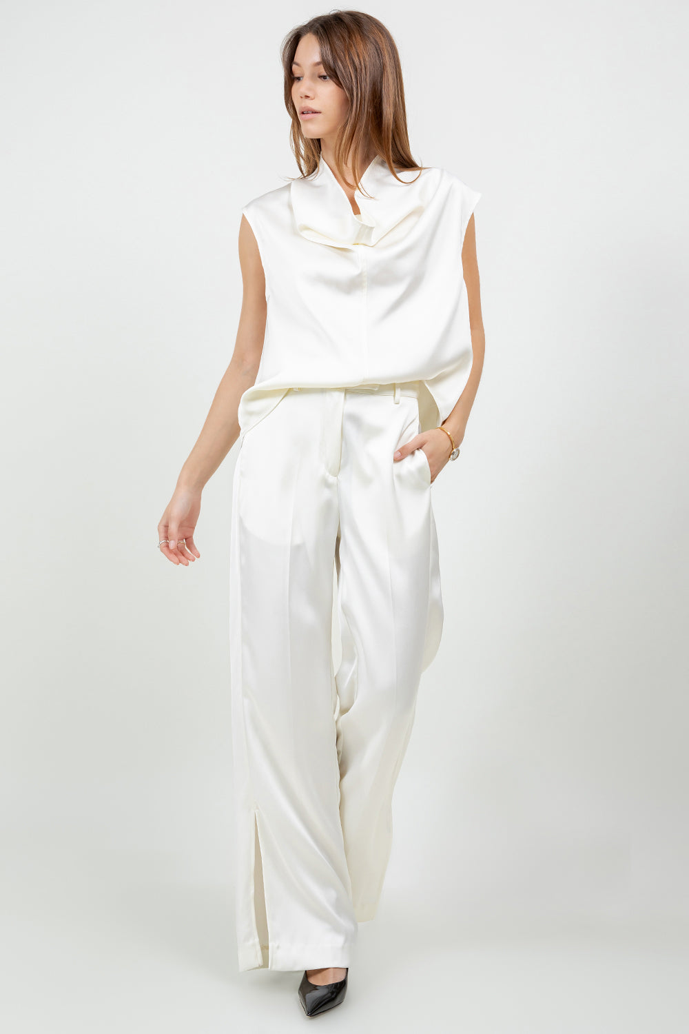 SOFT SATIN STRAIGHT LEG TROUSERS - IVORY