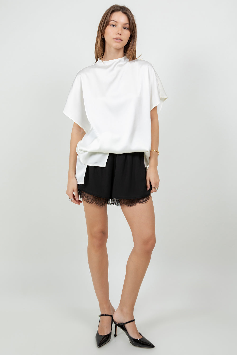 MINI COWL NECK SATIN SHIRT BLOUSE - IVORY