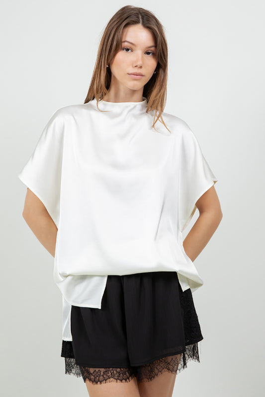 MINI COWL NECK SATIN SHIRT BLOUSE - IVORY