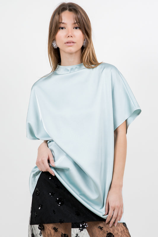 MINI COWL NECK SATIN SHIRT BLOUSE - SAGE