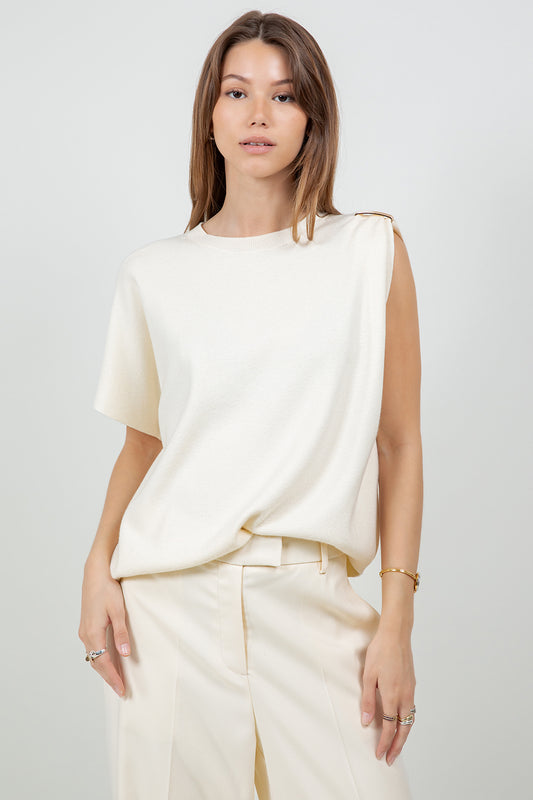 ONE SLEEVE ACCENT METAL RING KNITTED SWEATER - IVORY
