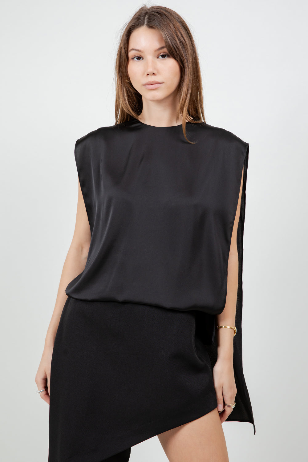 DOUBLE LAYER ASYMMETRICAL SATIN BLOUSE - BLACK - Whiteroom+Cactus