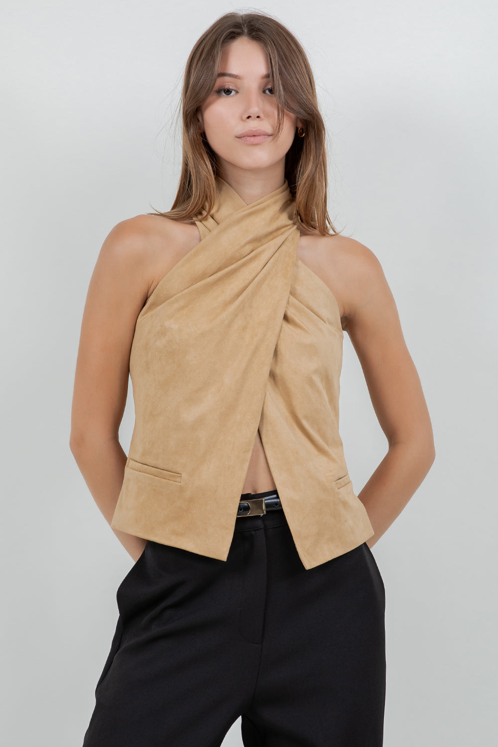 SLEEVELESS HALTER OVERLAP SUEDE TOP