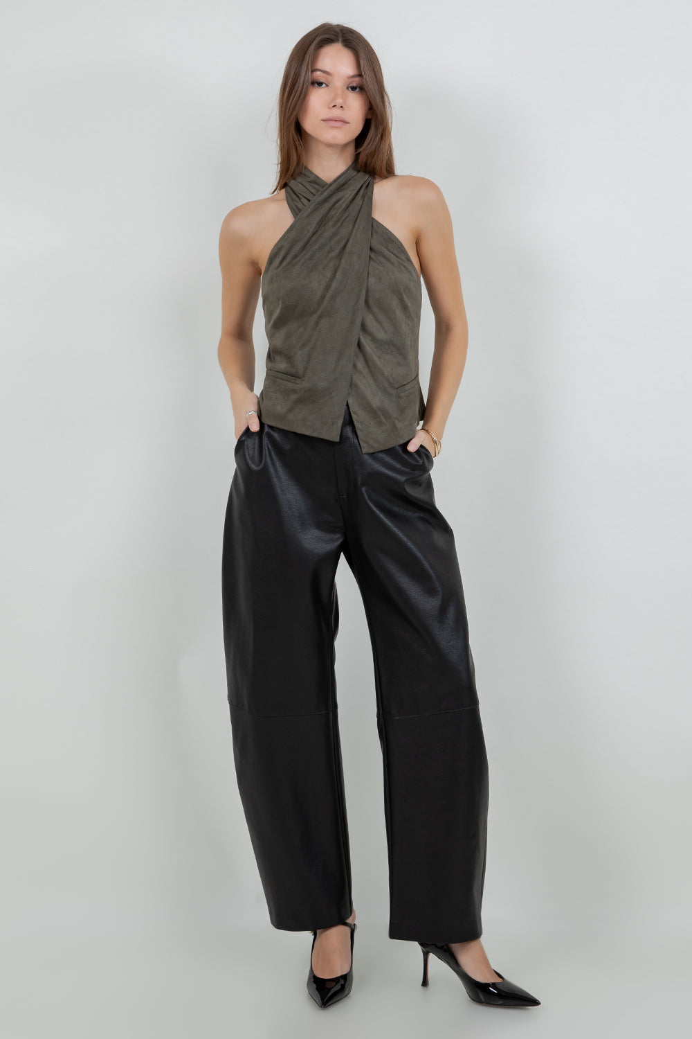 SLEEVELESS HALTER OVERLAP SUEDE TOP