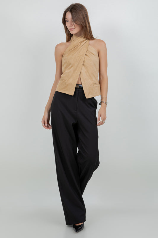SLEEVELESS HALTER OVERLAP SUEDE TOP - Whiteroom+Cactus