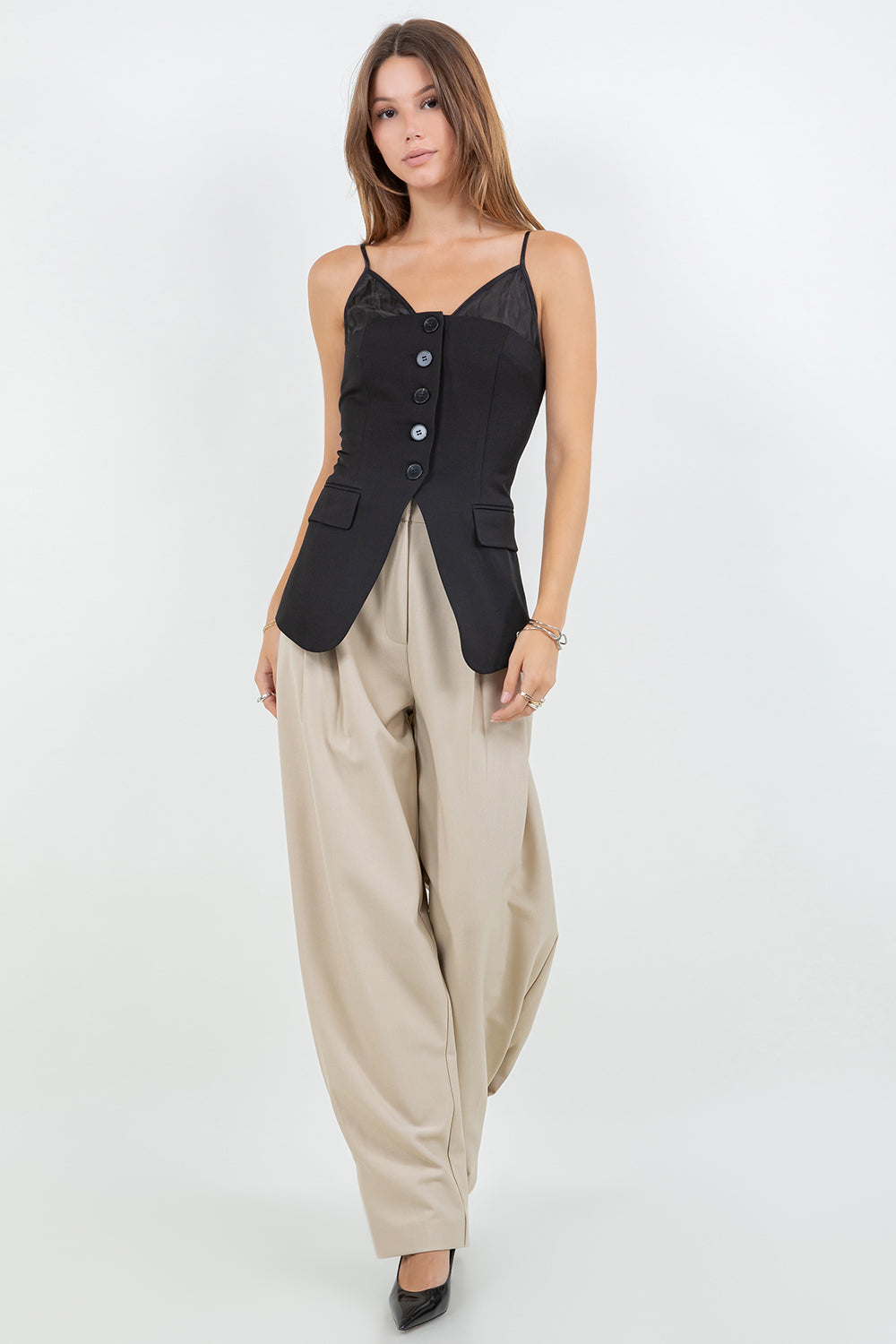 CONTRAST + SOFT WOVEN COMBO BUTTON DOWN VEST TOP - BLACK/BLACK - Whiteroom+Cactus