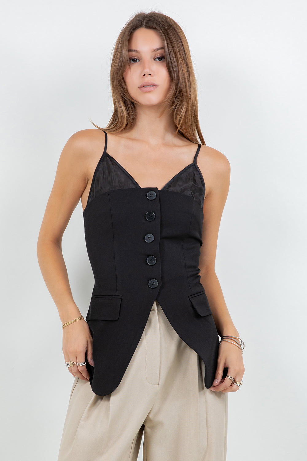 CONTRAST + SOFT WOVEN COMBO BUTTON DOWN VEST TOP - BLACK/BLACK - Whiteroom+Cactus