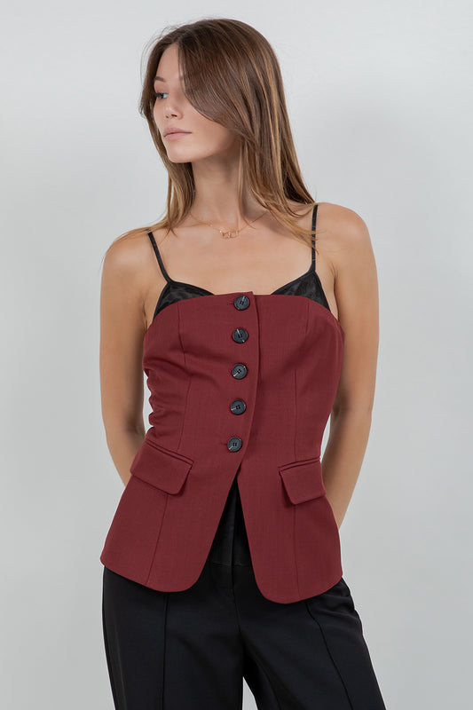 CONTRAST + SOFT WOVEN COMBO BUTTON DOWN VEST TOP - BURGUNDY/BLACK - Whiteroom+Cactus