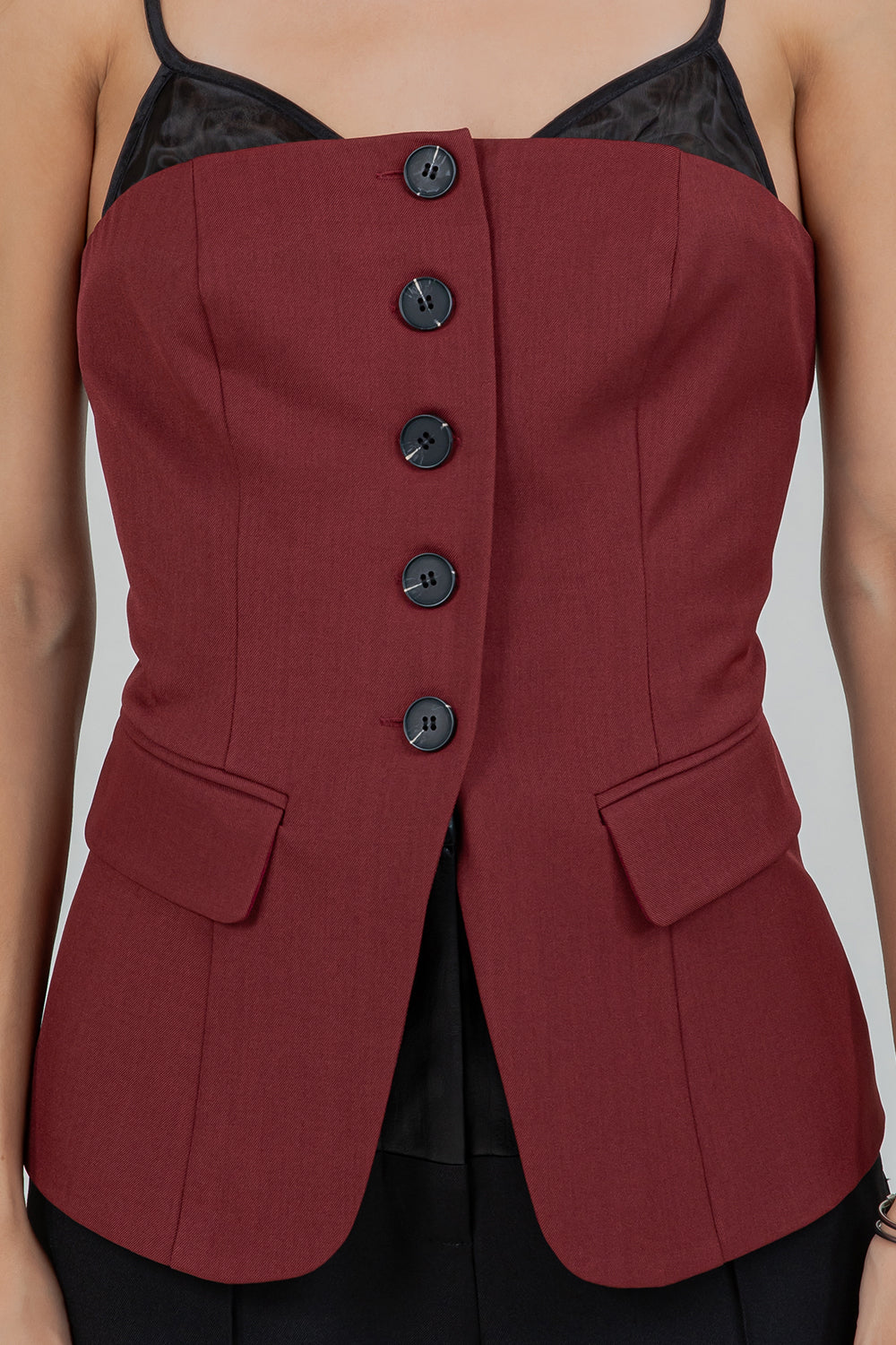 CONTRAST + SOFT WOVEN COMBO BUTTON DOWN VEST TOP - BURGUNDY/BLACK - Whiteroom+Cactus