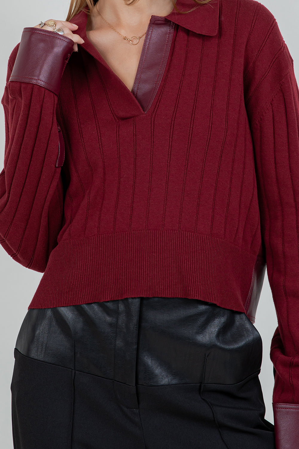CONTRAST PU INSERTS KNITTED LONG SLEEVE SWEATER - Whiteroom+Cactus