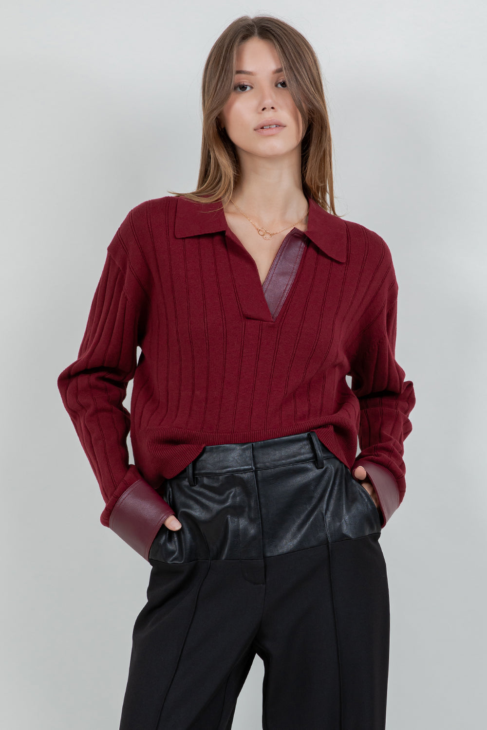 CONTRAST PU INSERTS KNITTED LONG SLEEVE SWEATER - Whiteroom+Cactus