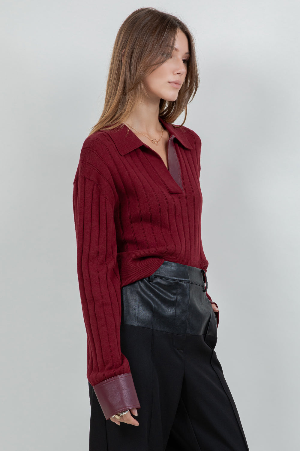 CONTRAST PU INSERTS KNITTED LONG SLEEVE SWEATER - Whiteroom+Cactus