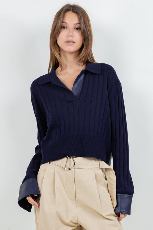 CONTRAST PU INSERTS KNITTED LONG SLEEVE SWEATER - NAVY
