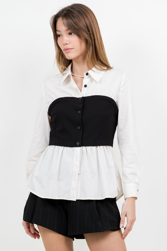 POPLIN BUTTON DOWN SHIRT WITH CONTRAST BUST PANEL