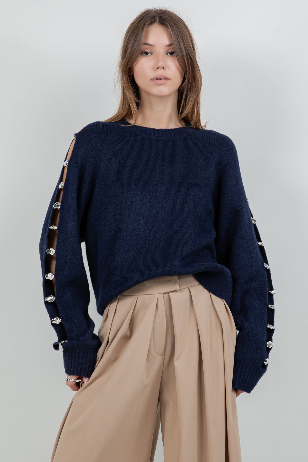 METALLIC ACCENT DETAILED KNITTED PULLOVER SWEATER