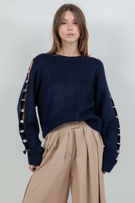 METALLIC ACCENT DETAILED KNITTED PULLOVER SWEATER