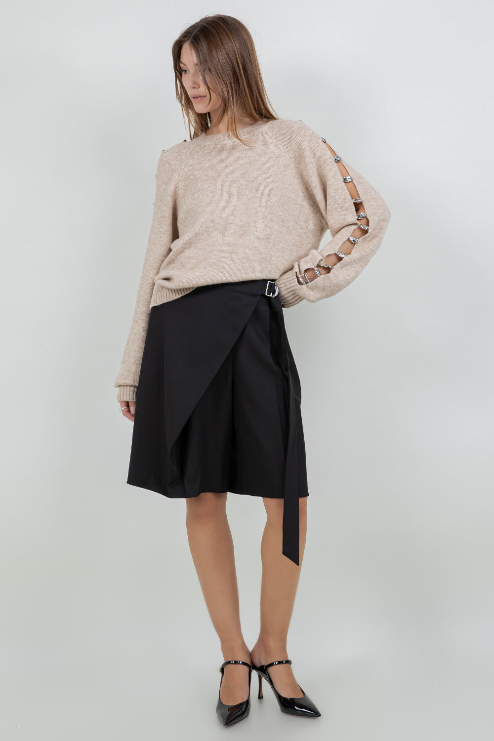 PLEATED WRAP-OVERLAY BERMUDA SHORTS WITH ADJUSTABLE BELT - BLACK - Whiteroom+Cactus