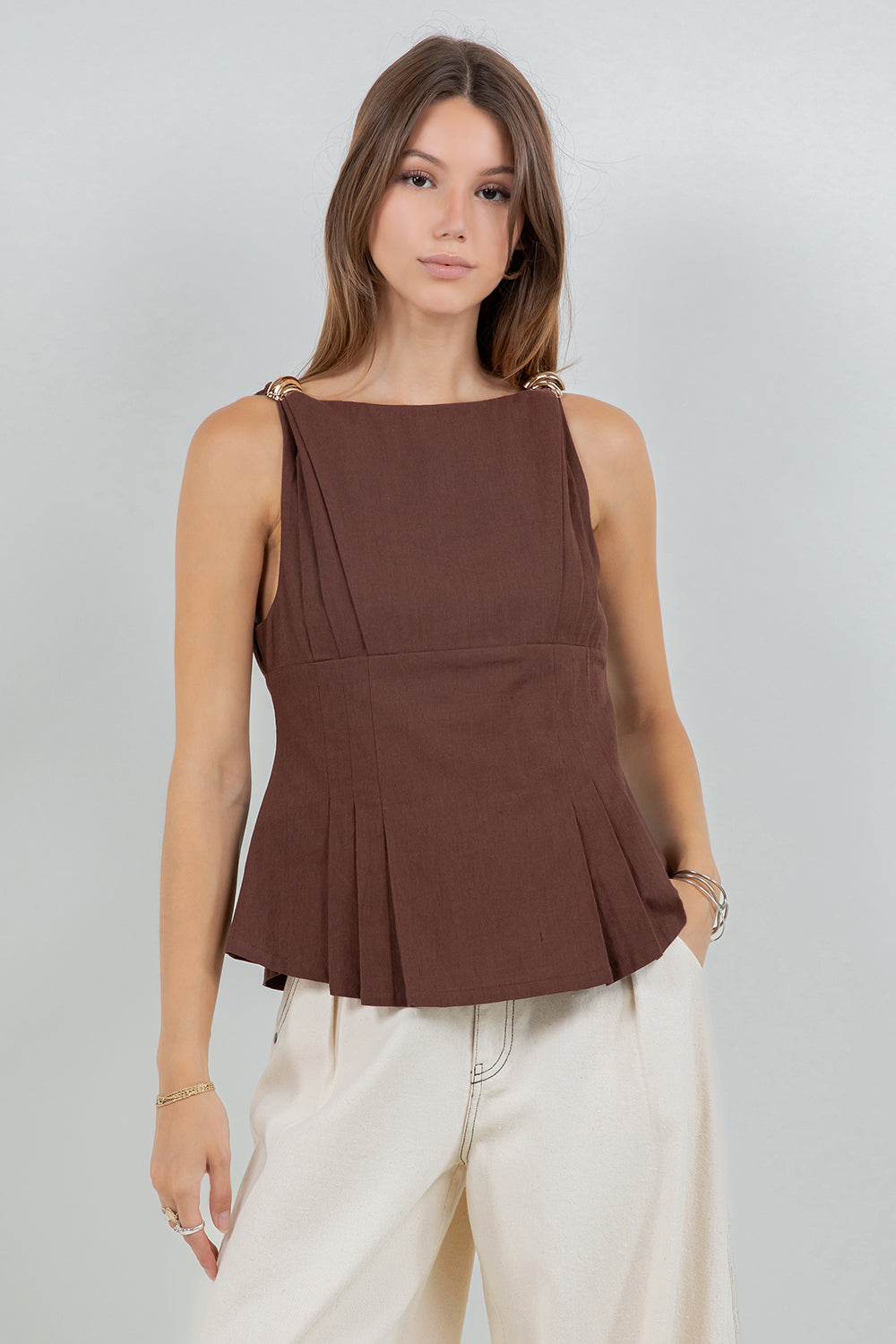 METALLIC ACCENT SOFT WOVEN SLEEVELESS BOUSE - BROWN - Whiteroom+Cactus