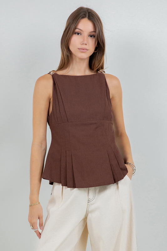 METALLIC ACCENT SOFT WOVEN SLEEVELESS BOUSE - BROWN - Whiteroom+Cactus