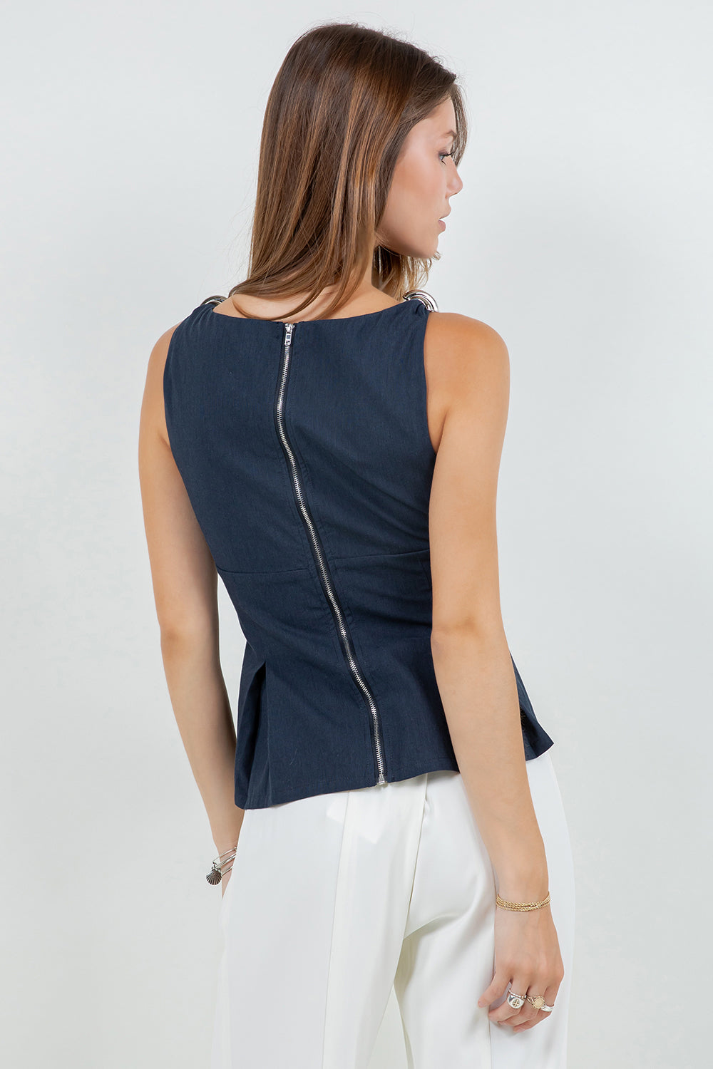 METALLIC ACCENT SOFT WOVEN SLEEVELESS BOUSE - NAVY - Whiteroom+Cactus